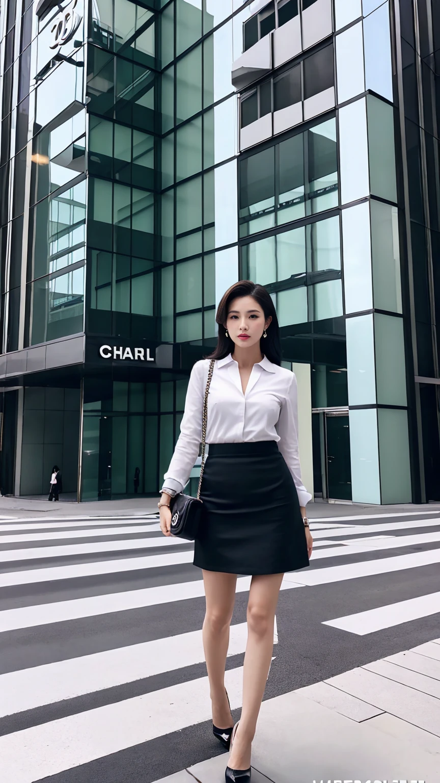 Office lady suit、mini skirt、CHANEL style、Heavy make-up、High heels、gorgeous、Highest quality、Top floor of a high-rise building、President's office、sofa、Sitting、Crossing your legs、I can see your pants