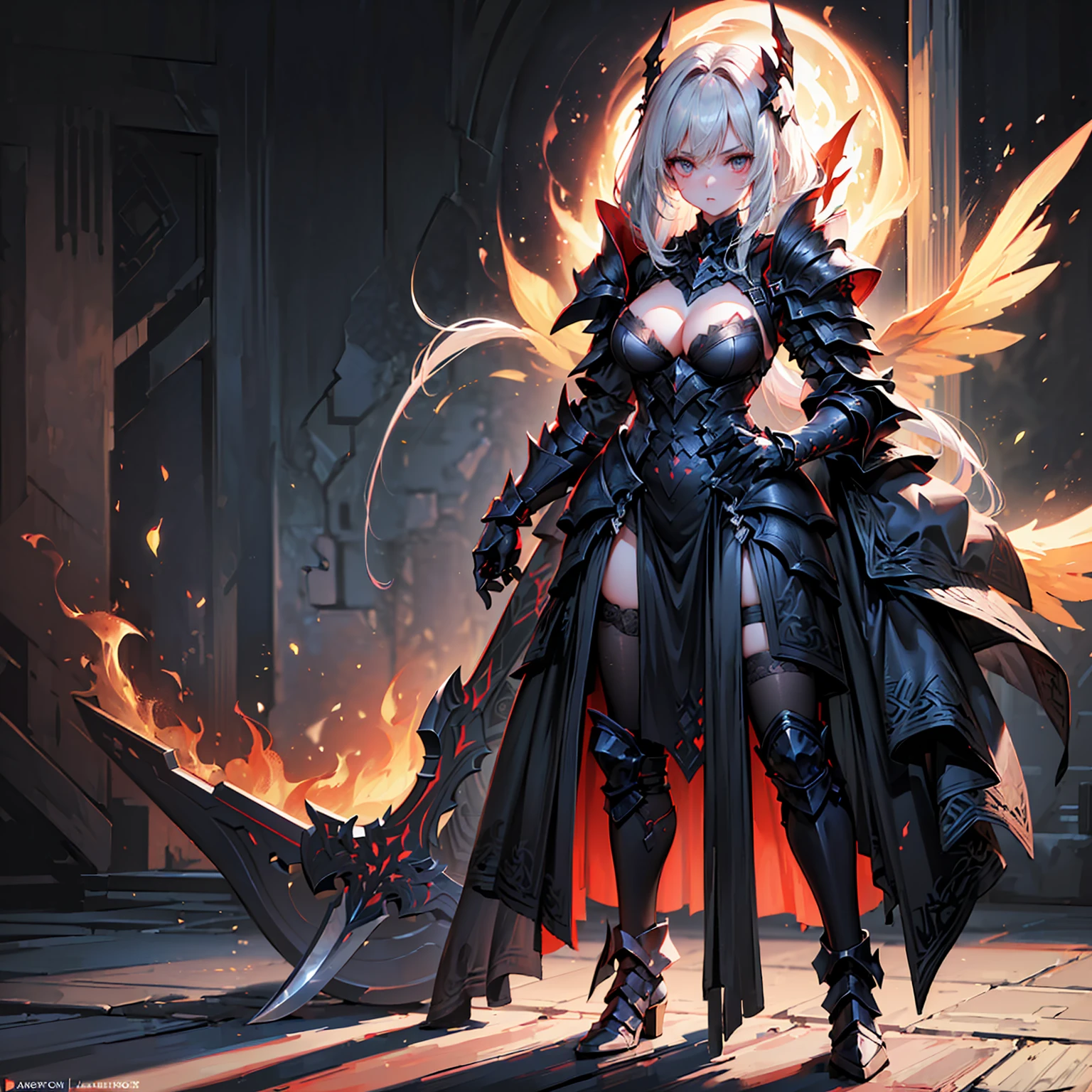 (((masterpiece, best quality, high detailed, 8k))) Design a layout showcase Gaming character, (1girl). Black+Crimson dark armor, stylish and unique. ((weapon:1.4)), cursed sword. (masterpiece:1.2), (best quality), 4k, ultra-detailed. (luminous lighting, atmospheric lighting). dark warrior, ((six wings of shadow and fire)), ((glove full hands)), (((revealing clothes:1.3))), vambraces, armored legwear, (((full_body_shot:1.4))). {In an infernal realm}. (((extremely imposing presence, black flames, super strong, incredibly beautiful with dark armor))).