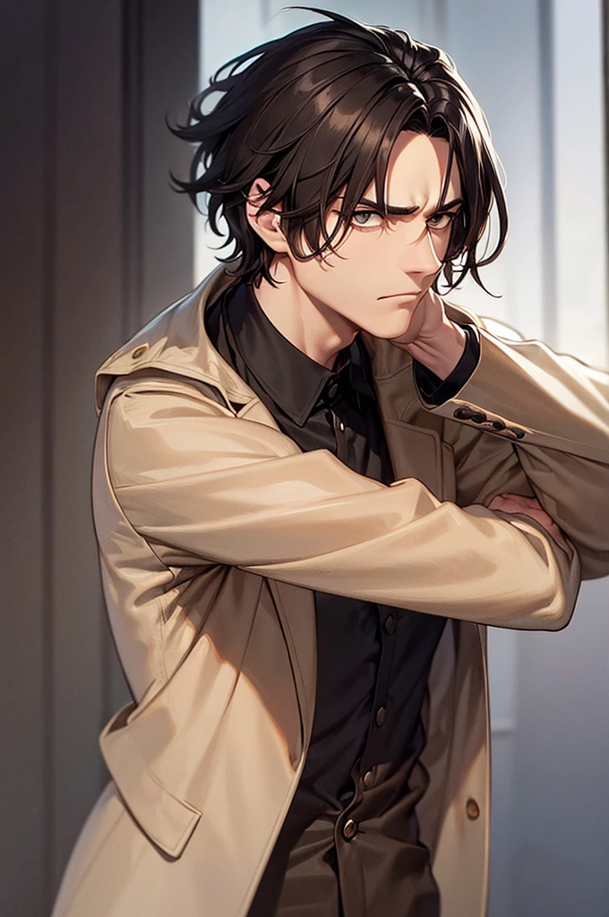 best quality, man, slim man, dark brown eyes, very short dark black hair, disheveled hair, raised hair, beige jacket, beige jacket, white shirt tucked in, serious look, short hair, hands in jacket, looking forward, moody. shaved beard.
