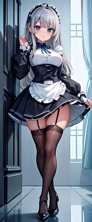 (long beautiful gray hair) cyan eyes, (Eyes behind long bangs) breasts big, standing pose, hands behind the back,  (wearing stockings) perfect beautiful and shiny cyan shoes (Wearing luxurious black palace maid clothes Perfect perfect noble)  side pose (Girl1, straight, gray hair that is not too long, bangs covering one eye, soft face, kind smile) grays long hair, beautiful cyan eyes (sitting pose, right hand down, Left hand down, leaning posture,  just smile, (Fundo branco em branco) wearing a black corset, (Using a beautiful bright blue ribbon) Kawai shy cute eyes (black shoes should be shiny, Must wear short white socks) Wrists must be completely bare, without a single piece of cloth covering either side Wrists must be completely bare, without a single piece of cloth covering either side Wrists must be completely bare, without a single piece of cloth covering either side, The bangs perfectly cover the left toe eye, Long bangs cover the left eye, black maid shirt long sleeves, cara fria, royal minister, standing pose 