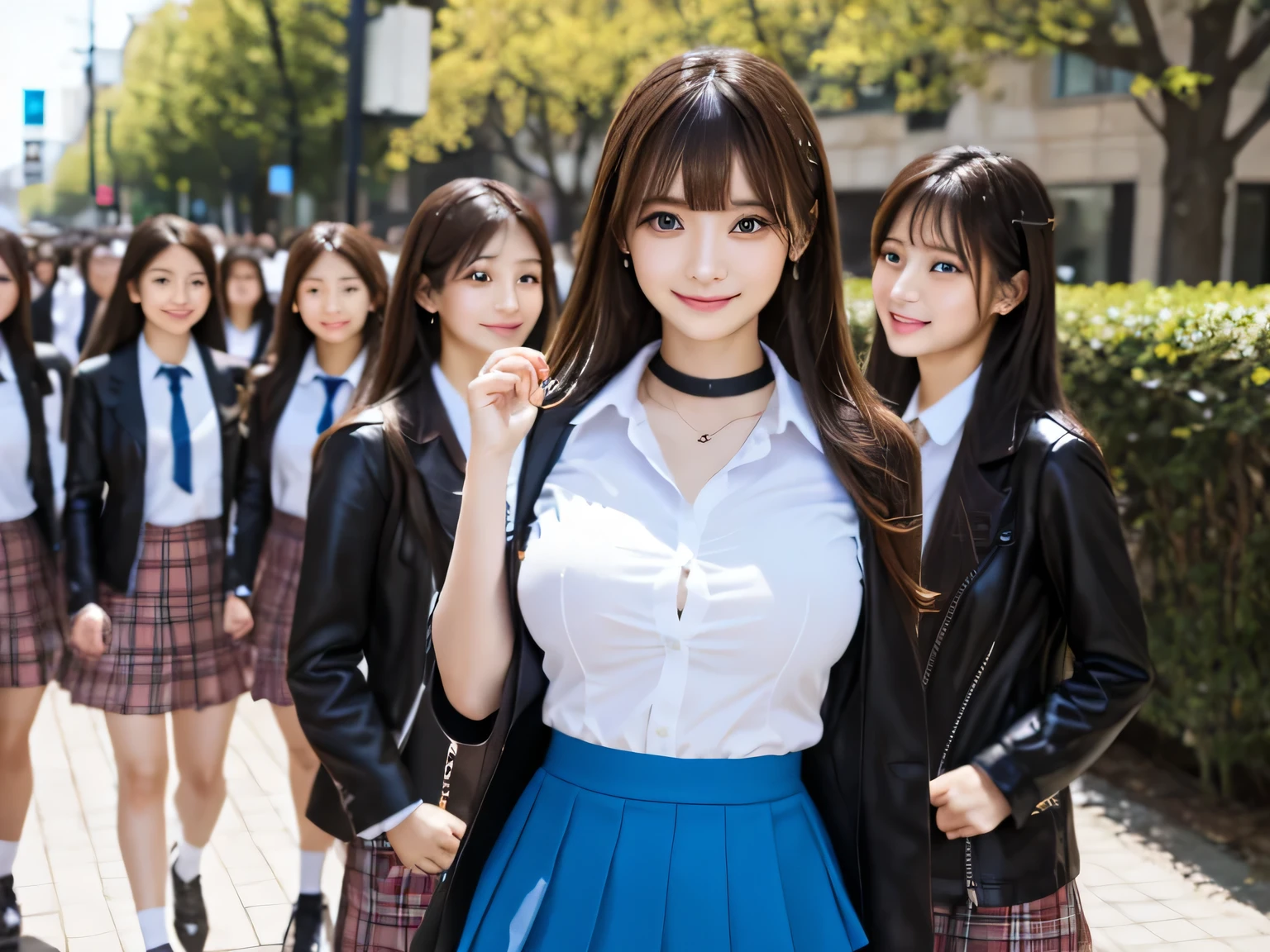 Highest quality, masterpiece, Idol Group、((Layered Haircut)),（8k，Highest quality），Full Body Shot，Shot from medium distances，School Classroom，student，class，class，White open-collar shirt、Wear a JK skirt，Full body photo、 adorable， smile， length, Brown Hair， 32k, Best image quality，Ultra-high resolution，Perfect hands，Black choker、blue eyes、bangs、Very profuse and very long eyelashes、uniform, University campus、Summer clothes、((Big Breasts))