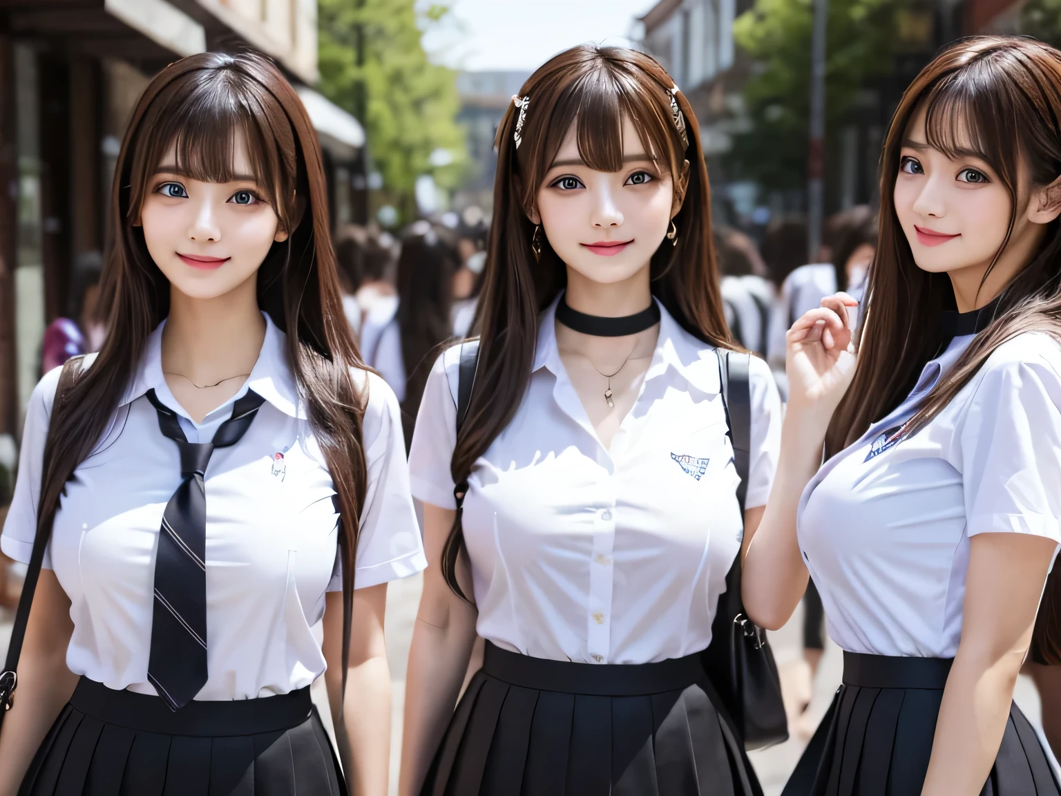 Highest quality, masterpiece, Idol Group、((Layered Haircut)),（8k，Highest quality），Full Body Shot，Shot from medium distances，School Classroom，student，class，class，White open-collar shirt、Wear a JK skirt，Full body photo、 adorable， smile， length, Brown Hair， 32k, Best image quality，Ultra-high resolution，Perfect hands，Black choker、blue eyes、bangs、Very profuse and very long eyelashes、uniform, University campus、Summer clothes、((Big Breasts))