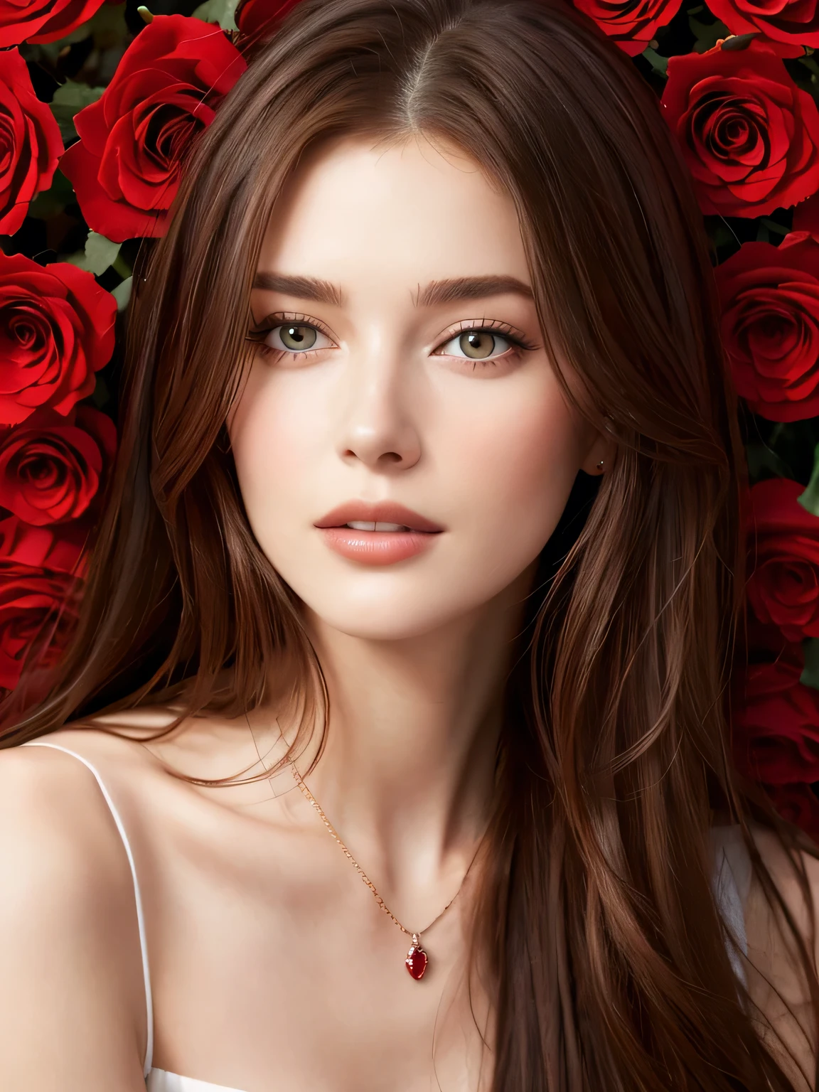 Close up portrait of long-haired woman in transparent red dress, Portrait of Sophie Mudd, Attractive girl, Very beautiful face, Brown Hair Girl, Anna Nikonova, Also known as New Milky, Beautiful Model girl, Gorgeous and attractive face, Beautiful, round face, Beautiful Model, nodded, Attractive beautiful face, Gorgeous Woman, portrait of a Beautiful Model, Gorgeous young model, background of many red rose wall,