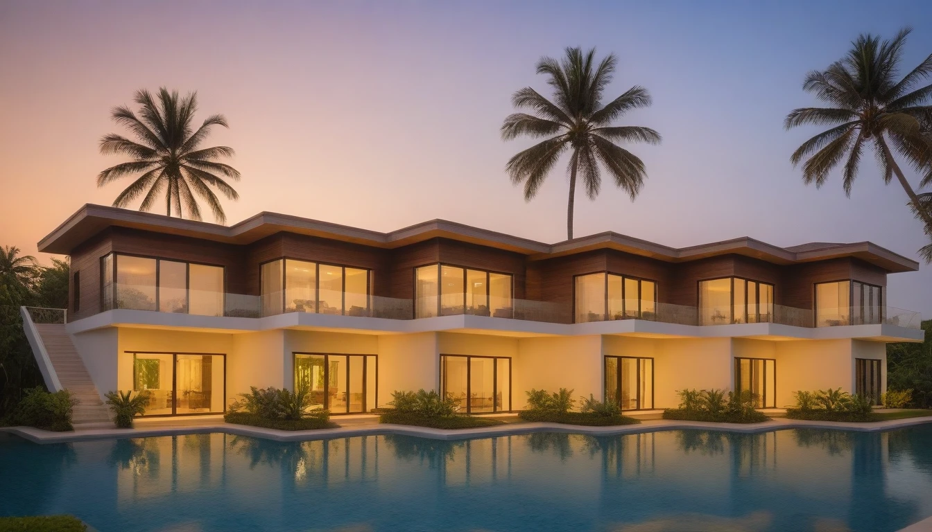 modern luxury villa, coconut trees, greenery landscape, along the white beach, clear sky, sunrise time, warm lighting RAW Photo, RAW texture, Super Realistic, 32K UHD, DSLR, soft lighting, high quality, film rating, Fujifilm XT3