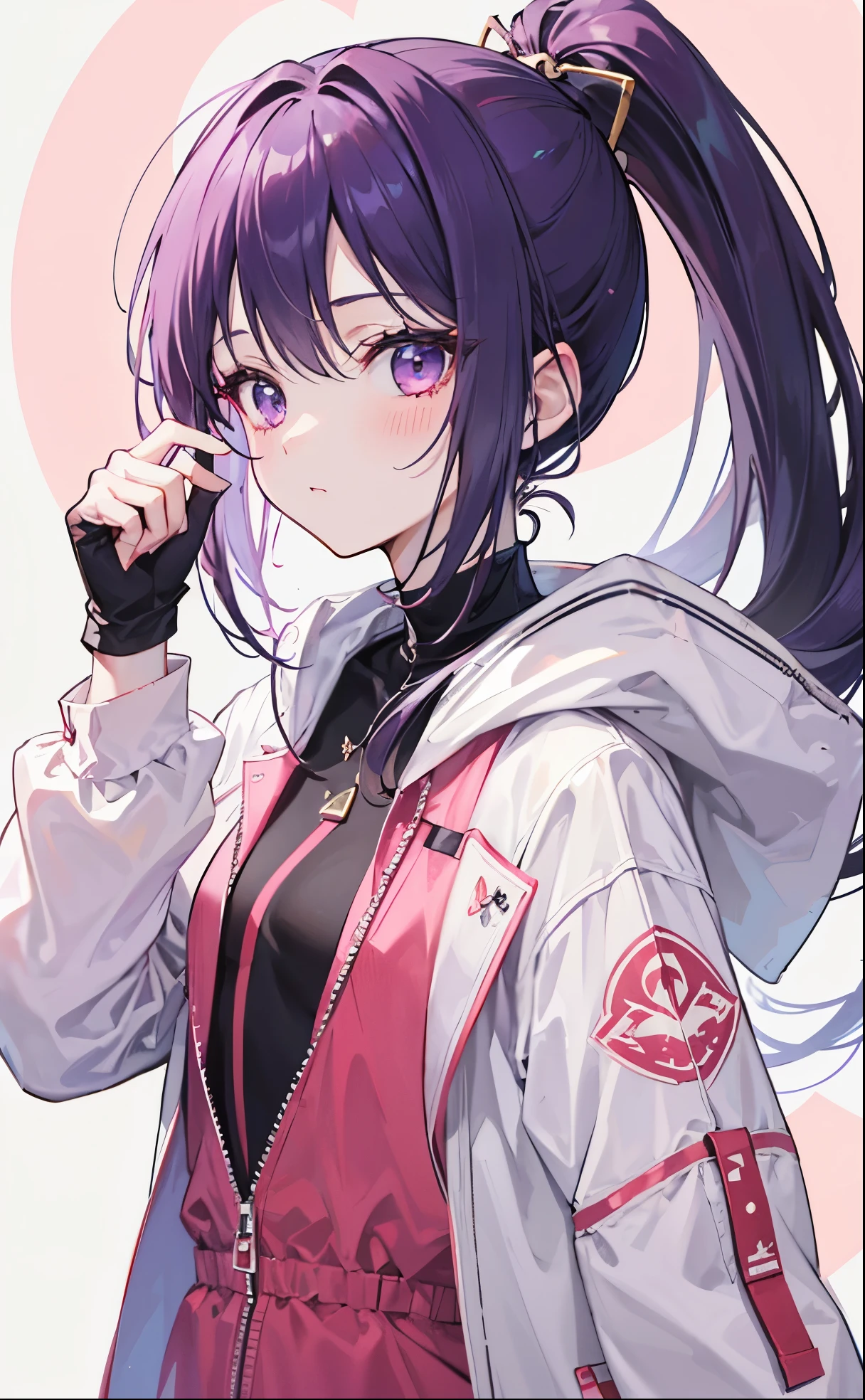 Dark purple high ponytail,Pink face peach,White coat,Sweet and cute girl