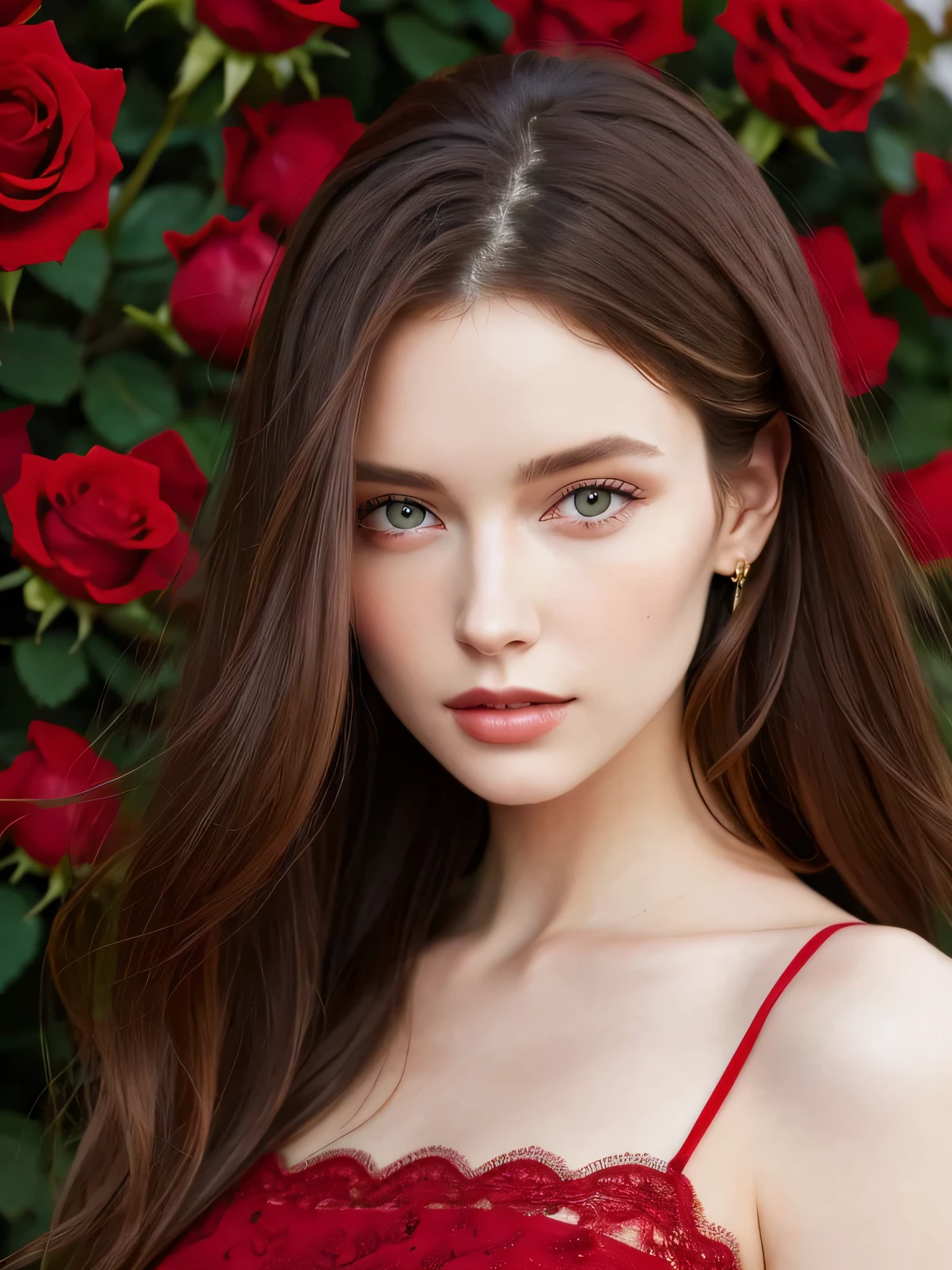 Close up portrait of long-haired woman in transparent red dress, Portrait of Sophie Mudd, Attractive girl, Very beautiful face, Brown Hair Girl, Anna Nikonova, Also known as New Milky, Beautiful Model girl, Gorgeous and attractive face, Beautiful, round face, Beautiful Model, nodded, Attractive beautiful face, Gorgeous Woman, portrait of a Beautiful Model, Gorgeous young model, background of many red rose wall,
