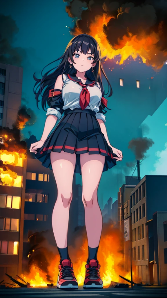 ((giantess)) ((giant girl)) ((Girl in an aggressive pose)) ((Destroyed city)) ((Burning)) ((Fire)) ((explosion)) ((Black smoke)) ((Pile of rubble)) Masterpiece Unreal Engine Anime style Delicate drawing 4k 90's Giant Multiple girls Crowd School building City Giant high school girl standing in the valley of the school building Sailor suit Skirt Black hair Smile Female giant giant girl Whole body Destroyed skyscrapers Destroyed cars Crowd Unreal Engine, cleavage, a drawing of a , earrings, long hair, 1980s (style) Cute drawing, beautiful woman, analog style, whole body, sneakers
