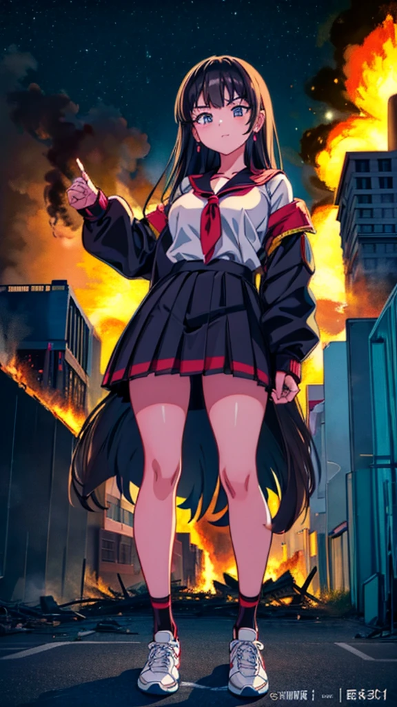 ((giantess))　((giant girl)) ((Girl in an aggressive pose)) ((Destroyed city)) ((Burning)) ((Fire)) ((explosion)) ((Black smoke)) ((Pile of rubble)) Masterpiece Unreal Engine Anime style Delicate drawing 4k 90's Giant Multiple girls Crowd School building City Giant high school girl standing in the valley of the school building Sailor suit Skirt Black hair Smile Female giant giant girl Whole body Destroyed skyscrapers Destroyed cars Crowd Unreal Engine, cleavage, a drawing of a , earrings, long hair, 1980s (style) Cute drawing, beautiful woman, analog style, whole body, sneakers
