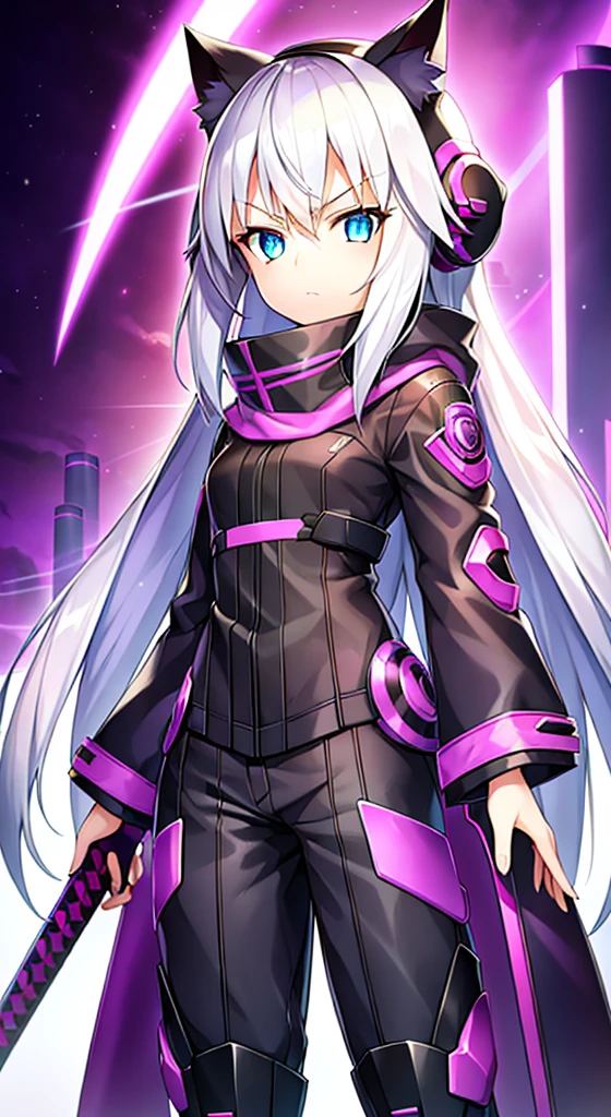 1 girl,Solitary,(Loli pictures),(((White hair))),(The flattest),Delicate face and beautiful eyes,Fine Hair,Extra long hair on the side),(Cat ear hood),One eye is covered by a hood,scarf,(White background 1::5),stereoscopic style,((Whole body love)),(Exquisite eyes),Leg strap,Purple and black cyberpunk jacket,Pants,Samurai sword,Lightning background