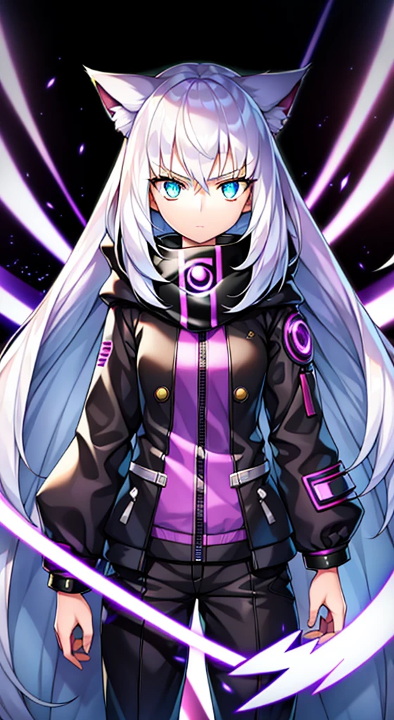 1 girl，Solitary，(Loli pictures)，（（（White hair））），（The flattest），Delicate face and beautiful eyes，Fine Hair，Extra long hair on the side)，(Cat ear hood)，One eye is covered by a hood，scarf，(White background 1：：5)，stereoscopic style，((Whole body love))，（Exquisite eyes），Leg strap，Purple and black cyberpunk jacket，Pants，Samurai sword，Lightning background