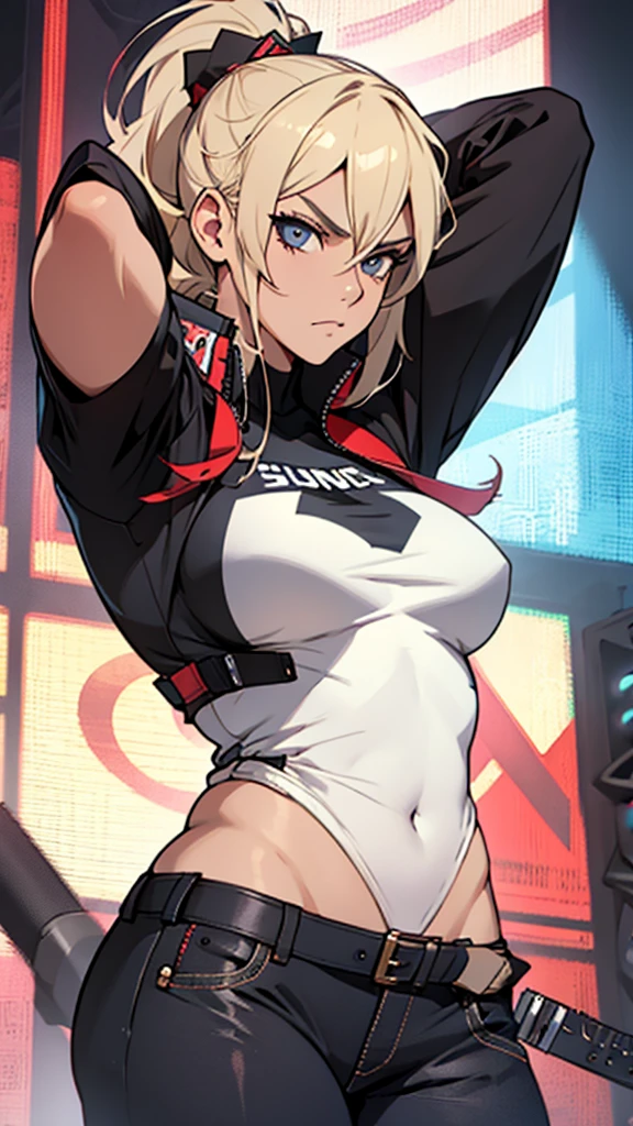High detailed, 1 girl, solo, busty, rockstar Clothes, strong body, serious expression, expressive eyes