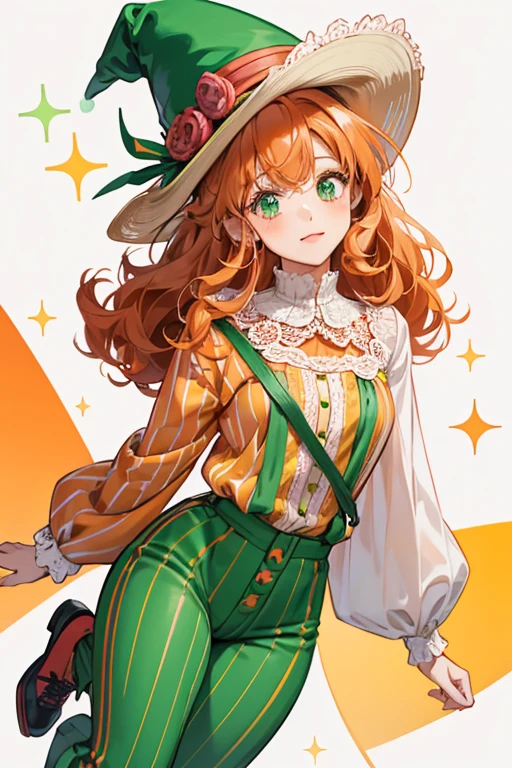 she is a fair-skinned  with pale pink cheeks. sHe has normal button eyes and orange-red, curly hair.

her clothes consist of bright green colors. sHe wears a cone-shaped hat with red zig-zag lace trimming, a yellow-and-green striped top over a long sleeved white shirt, green pants, and black shoes SPARKLE; GLITTER