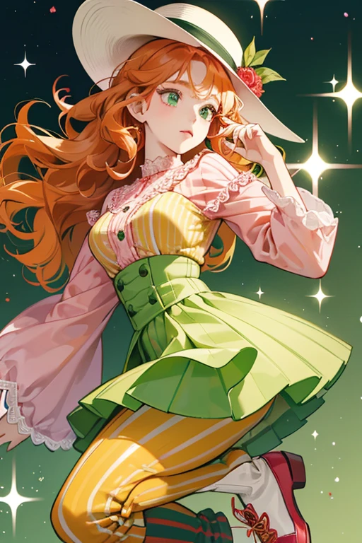 she is a fair-skinned with pale pink cheeks. sHe has normal button eyes and orange-red, curly hair.
her clothes consist of bright green colors. sHe wears a cone-shaped hat with red zig-zag lace trimming, a yellow-and-green striped top over a long sleeved white shirt, green pants, and black shoes SPARKLE; GLITTER