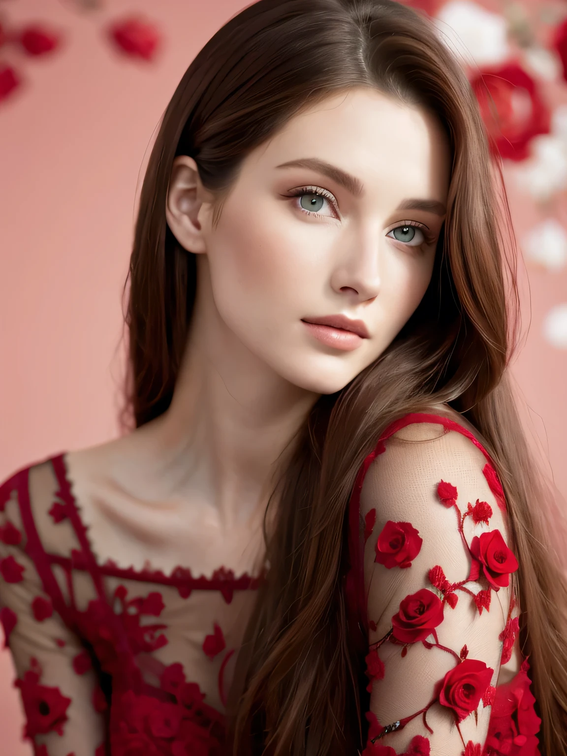 Close up portrait of long-haired woman in transparent red dress, Portrait of Sophie Mudd, Attractive girl, Very beautiful face, Brown Hair Girl, Anna Nikonova, Also known as New Milky, Beautiful Model girl, Gorgeous and attractive face, Beautiful, round face, Beautiful Model, nodded, Attractive beautiful face, Gorgeous Woman, portrait of a Beautiful Model, Gorgeous young model, background of many red rose wall,