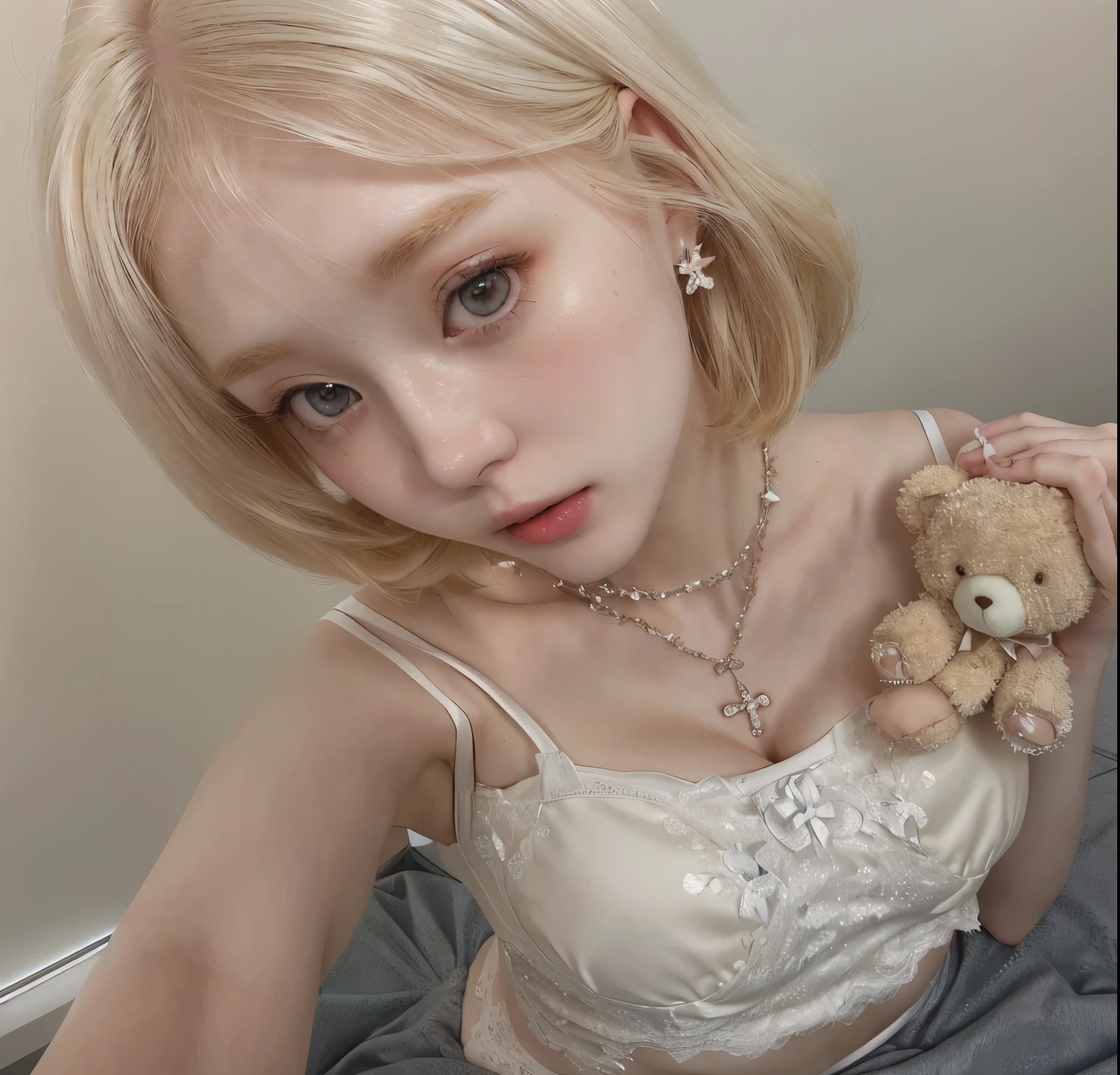 A blonde-haired girl with a teddy bear and a white bra., white hime cut hairstyle, the hime cut, ulzzang, extremely pale blonde hair, very very pale blonde hair, shikami, Sakimichan, with short hair, anime girl in real life, pale and light skin!!, kim doyoung, pale milky white porcelain skin, cute kawaii girl