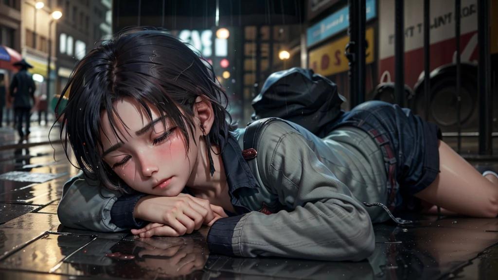 A poor boy sleeps on the street while people pass by him and the rain falls on his old clothes, sobbing, without money