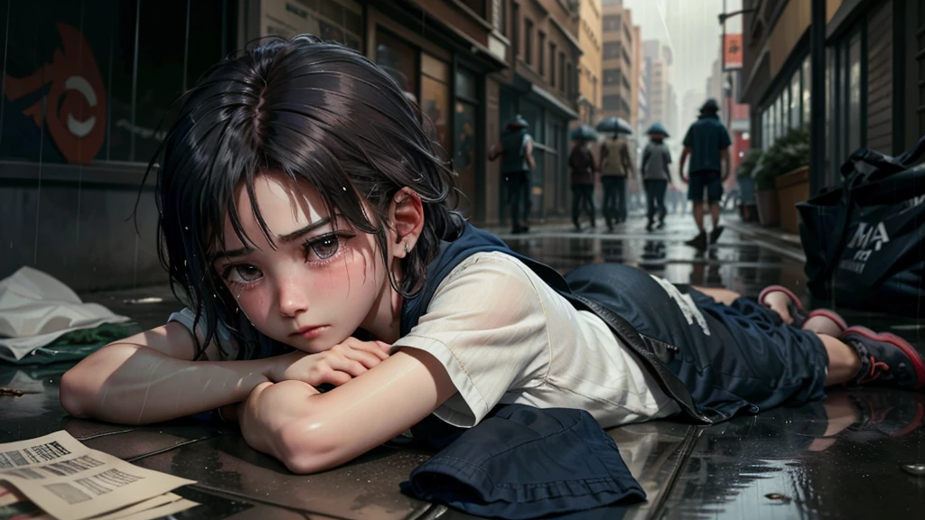 A poor boy sleeps on the street while people pass by him and the rain falls on his old clothes, sobbing, without money