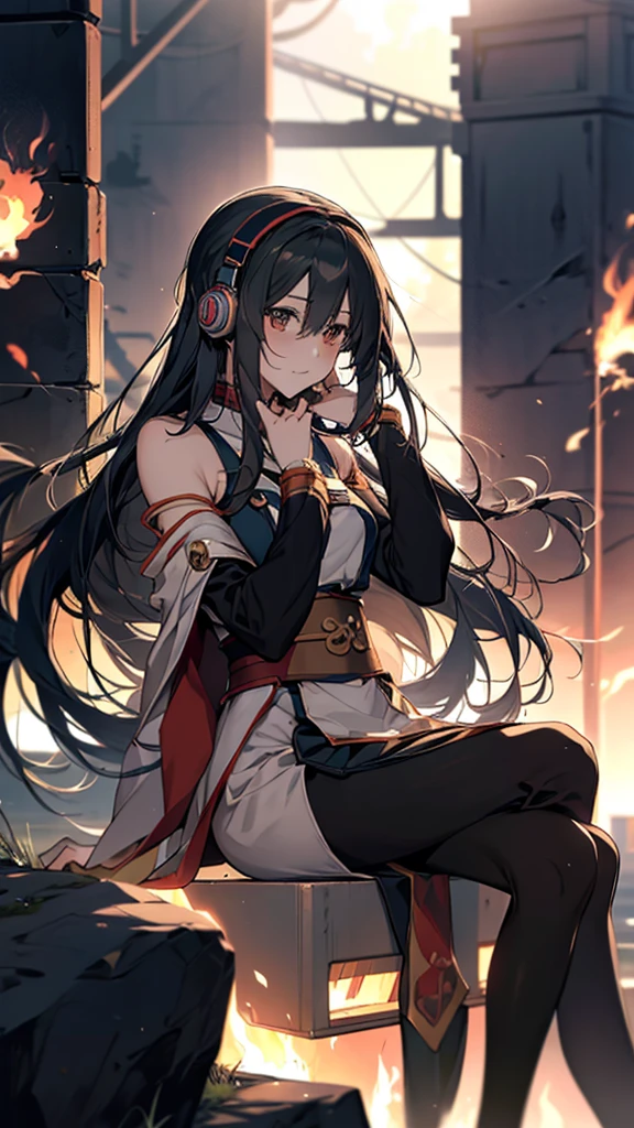anime girl With headphones sitting on a rock, Burning, With headphones, Nightcore, (anime girl), Another Iwakura, Photo of a-1, Kantai Collection Style, anime moe artstyle, With headphones, inspired Burning, anime girl, anime!!!!!!!!!!!!!!!, anime girl with long hair, an anime girl