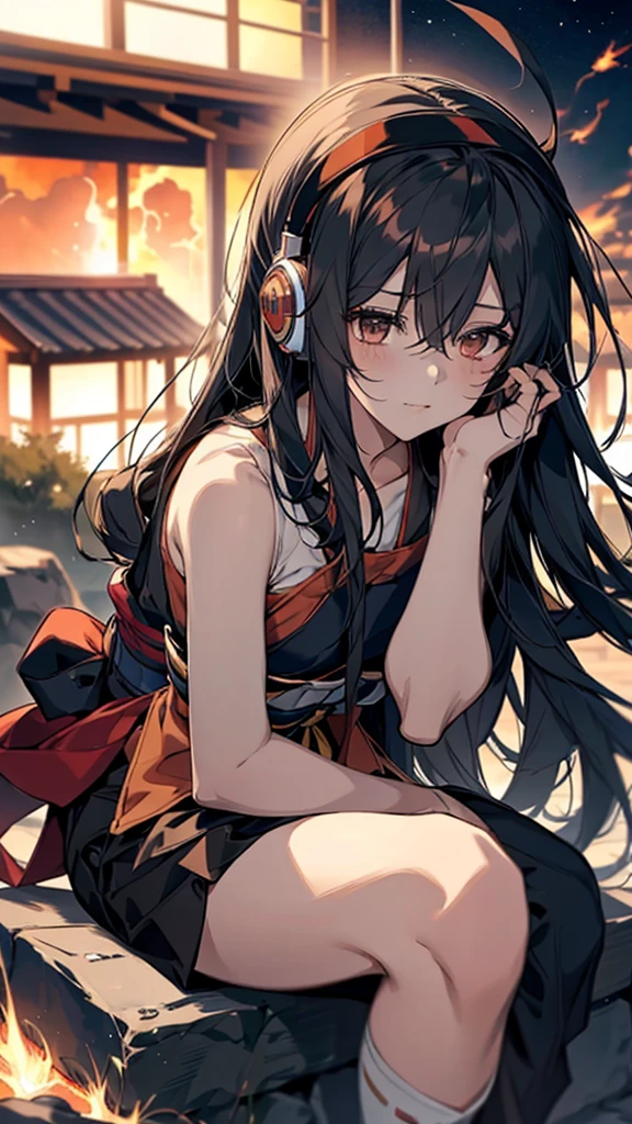anime girl With headphones sitting on a rock, Burning, With headphones, Nightcore, (anime girl), Another Iwakura, Photo of a-1, Kantai Collection Style, anime moe artstyle, With headphones, inspired Burning, anime girl, anime!!!!!!!!!!!!!!!, anime girl with long hair, an anime girl