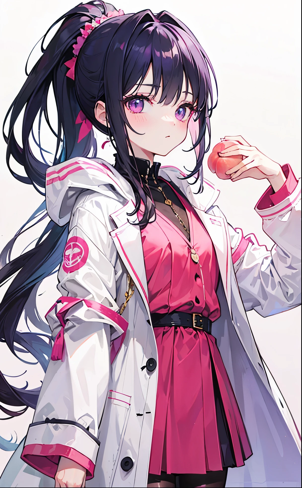 Dark purple high ponytail，Pink face peach，White coat，Sweet and cute girl