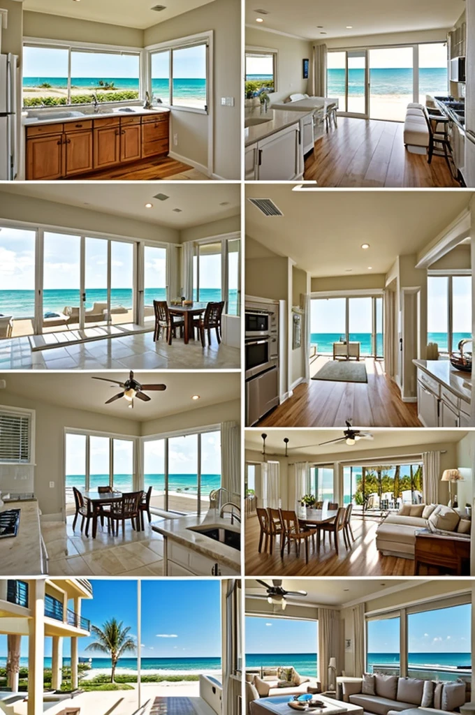 Make me the plans for a beach house that has two bedrooms, a large bathroom, un living, a kitchen, dining room and has all the comforts