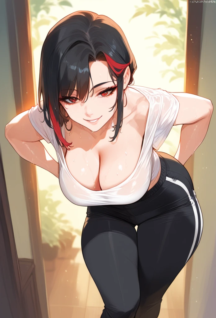 Low above, mixed_artwork style, Hanging , big , cleavage, sweaty, sexy, thicc
1 girl, standing alone, hands, Asian, short black sleeveless t-shirt, black pants, short black hair with red highlights, red eyes, smile, 