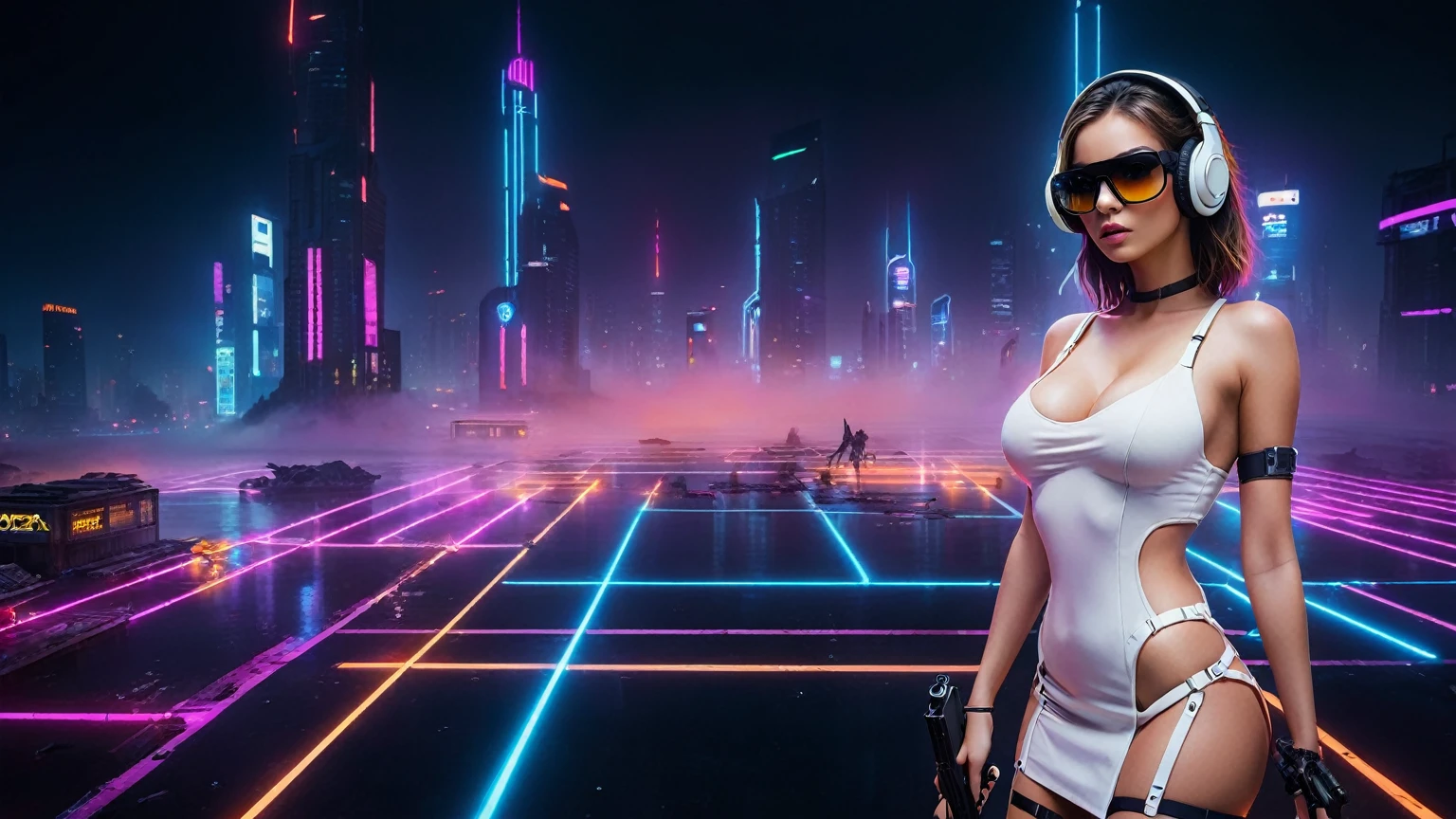 dark futuristic landscape, at night, neon lights, Atmospheric fog, large buildings in the background, futuristic city, streets with open shops, skyscraper (postapocalyptic city:1.3). (((1girl, solo, alone))), large-breast:1.2 slim body, cleavage:1.1, sexy miniskirt, (((headphone, black sunglasses, standing and holding pistol pose))), (((half-body thigh level medium shot))), cinematic lighting, lens flare, ray tracing.