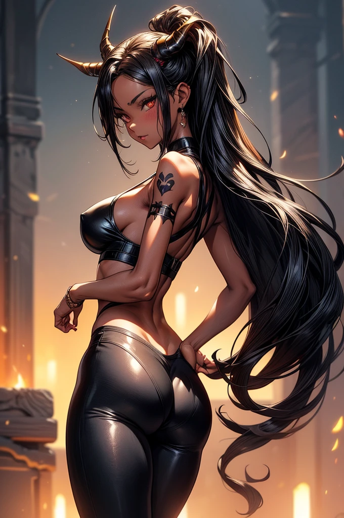 masterpiece, super detailed, high resolution, precision art, highly seductive anime girl. sexy and alluring, flawless brown demonic skin, succubus, symmetrical face, beautiful olive eyes, flowing black hair, her very presence oozes seduction and allure, S-shaped body, black onyx colored horns jutting out her forehead, heart shaped tail protruding from her back, sexy and arousing slim body with enticing breasts, intricate and beautiful heart shaped tattoo engraved on her stomach, wearing crop-top and form-fitting leggings that accentuate her round ass, hip-level shot