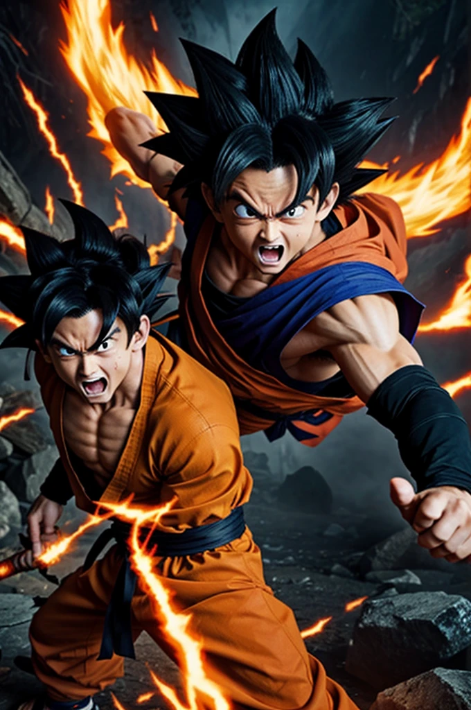 Goku as a demon from Demon Slayer fighting with Naruto as a hunter