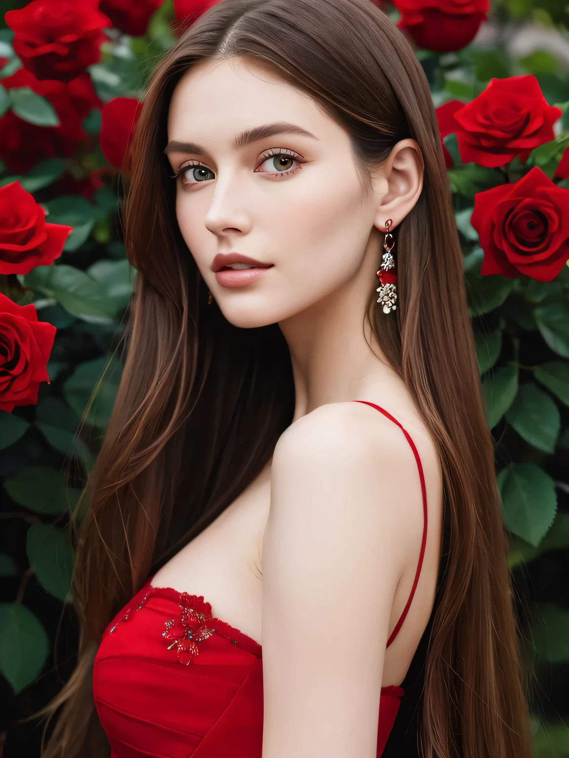 Close up portrait of long-haired woman in transparent red dress, Portrait of Sophie Mudd, Attractive girl, Very beautiful face, Brown Hair Girl, Anna Nikonova, Also known as New Milky, Beautiful Model girl, Gorgeous and attractive face, Beautiful, round face, Beautiful Model, nodded, Attractive beautiful face, Gorgeous Woman, portrait of a Beautiful Model, Gorgeous young model, background of many red rose wall, Random body orientation,