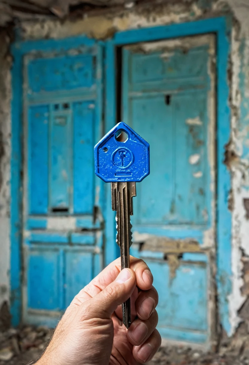 White man holding a blue key, detailed hand, in an abandoned house, sinister and blurred background.