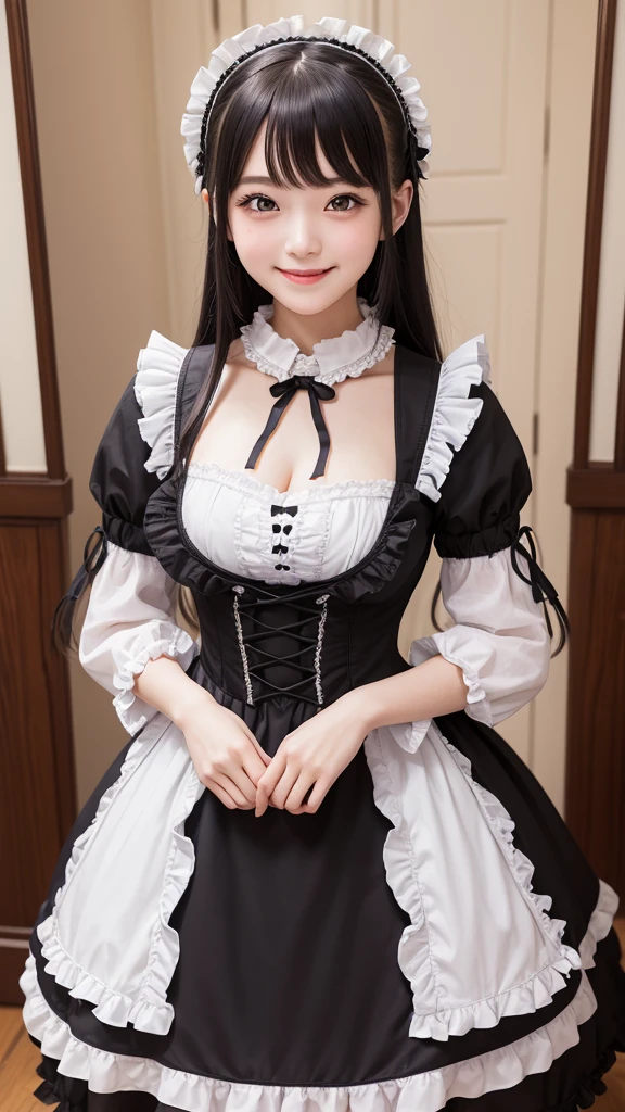 Cute face like an 18-year-old idol　Smiling Kindly　Japanese Gothic Lolita　Cosplay　Frills　Maid clothes　mini skirt　Cleavage　Slightly large bust　indoor　Western-style living room　((Full body portrait))　RAW Photos　Ultra-high resolution　Genuine　live-action　Realistic