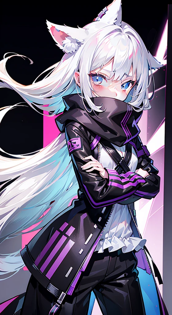 1 girl,Solitary,( pictures),(((White hair))),(The flattest),Delicate face and beautiful eyes,Fine Hair,Extra long hair on the side),(Cat ear hood),One eye is covered by a hood,scarf,(White background 1::5),stereoscopic style,((Whole body love)),(Exquisite eyes),Leg strap,Purple and black cyberpunk jacket,Pants,Samurai sword,Lightning background