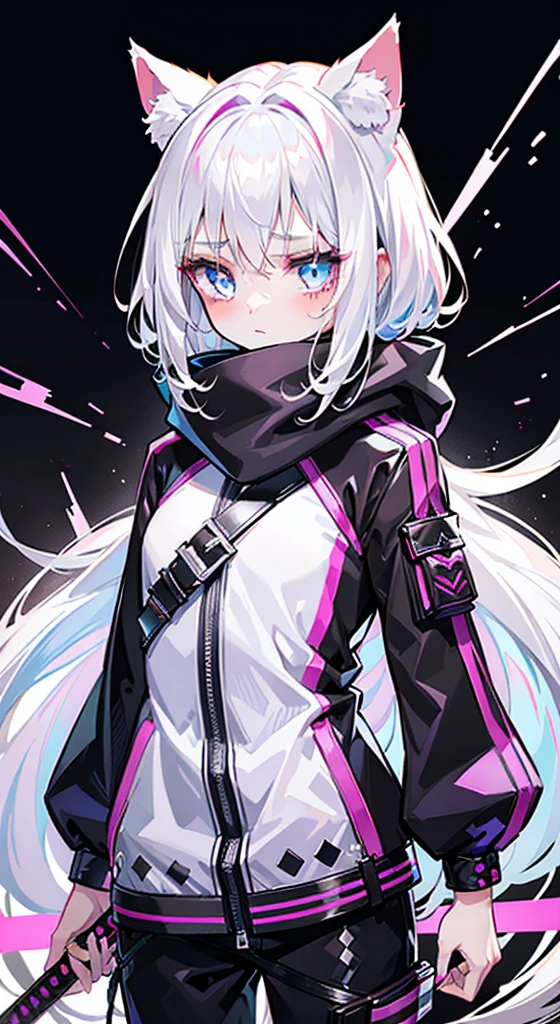 1 girl,Solitary,( pictures),(((White hair))),(The flattest),Delicate face and beautiful eyes,Fine Hair,Extra long hair on the side),(Cat ear hood),One eye is covered by a hood,scarf,(White background 1::5),stereoscopic style,((Whole body love)),(Exquisite eyes),Leg strap,Purple and black cyberpunk jacket,Pants,Samurai sword,Lightning background