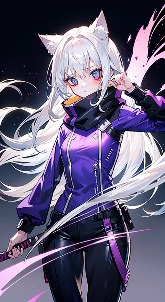 1 girl，Solitary，(Loli pictures)，（（（White hair））），（The flattest），Delicate face and beautiful eyes，Fine Hair，Extra long hair on the side)，(Cat ear hood)，One eye is covered by a hood，scarf，(White background 1：：5)，stereoscopic style，((Whole body love))，（Exquisite eyes），Leg strap，Purple and black cyberpunk jacket，Pants，Samurai sword，Lightning background