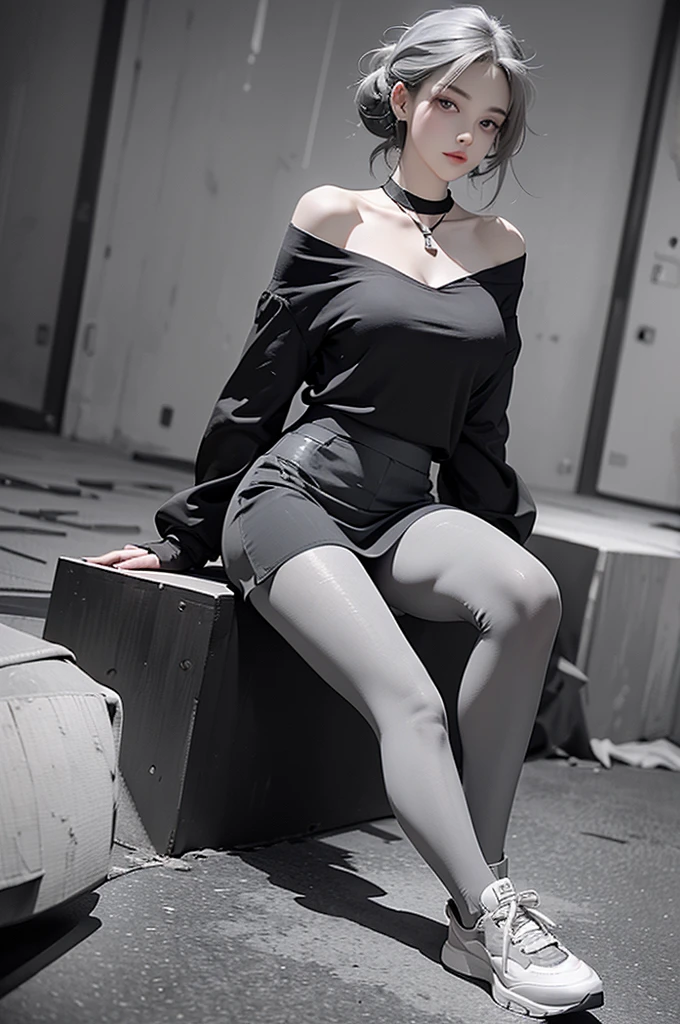 best quality, Ultra-high resolution, (Reality:1.4), 1 Girl, off-shoulder black shirt, skirt, Black necklace, (Faded gray hair:1), Slim, (Black pantyhose:1.2), Perfect legs, (Huge breasts:1), (Gray sneakers:1.2), Looking at the audience, permanent, (Wide Angle:1.4), 