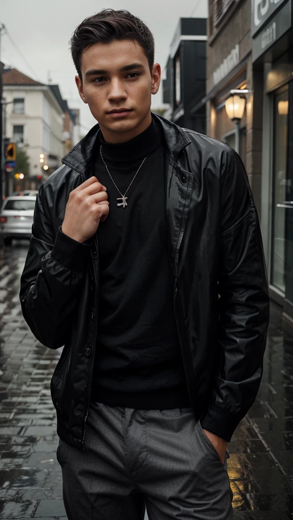ghible style image of a young man wearing black on a rainy day