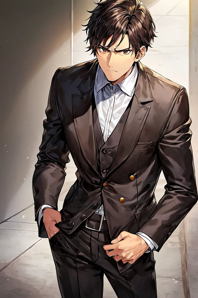 best quality, man, slim man, dark brown eyes, very short dark black hair, disheveled hair, raised hair, beige jacket, beige jacket, white shirt tucked in, serious look, short hair, hands in jacket, looking forward, moody. shaved beard.
