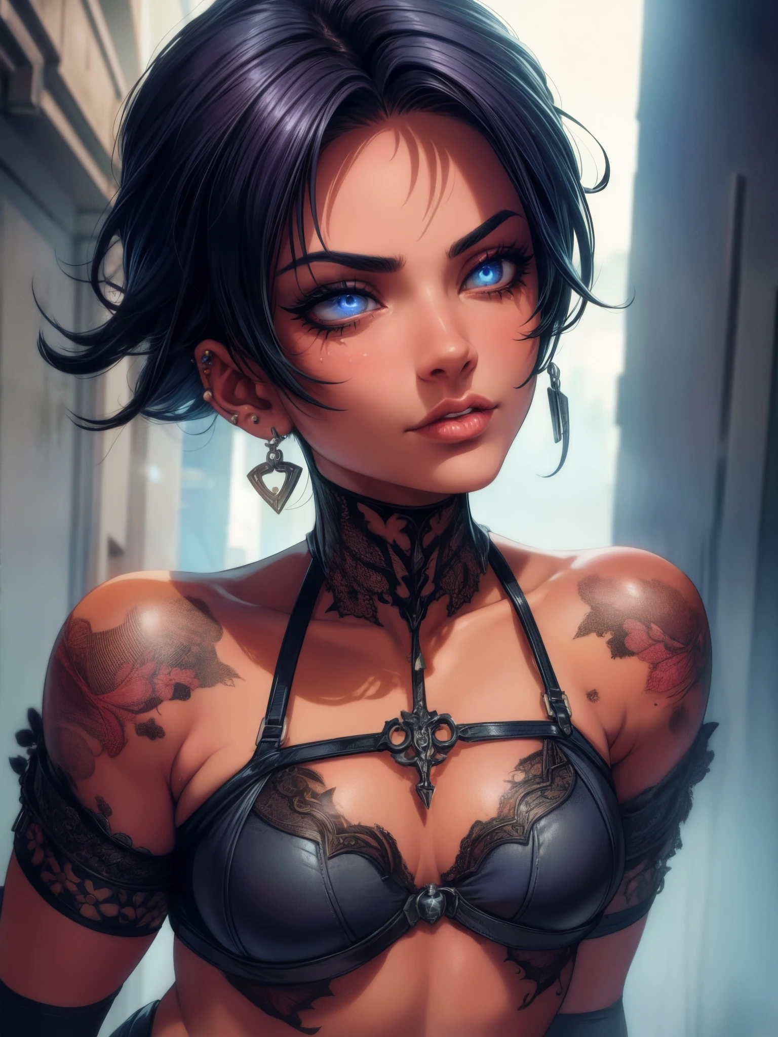 badass girl with piercing and tattoo, short shaved hairstyle, multicolor, 1girl, underwear, beautiful detailed eyes, beautiful detailed lips, extremely detailed face, long eyelashes, confident expression, moody lighting, dark fantasy, cinematic, dramatic, chiaroscuro, vibrant colors, digital painting, concept art, 8k, best quality, ultra-detailed, photorealistic, ((full body))
