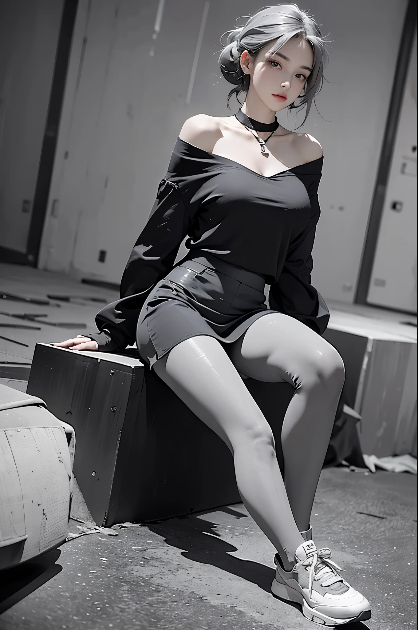 best quality, Ultra-high resolution, (Reality:1.4), 1 Girl, off-shoulder black shirt, skirt, Black necklace, (Faded gray hair:1), Slim, (Black pantyhose:1.2), Perfect legs, (Huge breasts:1), (Gray sneakers:1.2), Looking at the audience, permanent, (Wide Angle:1.4),
