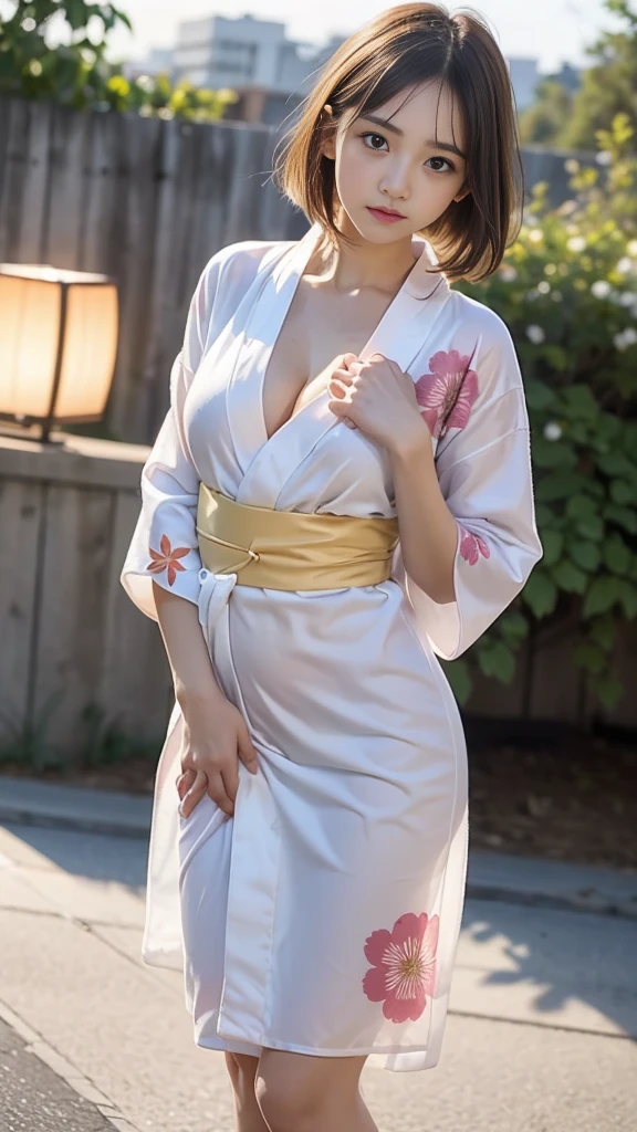 (8k, RAW Photos, Highest quality, masterpiece:1.2), (Long Bob Cut), alone, Looking at the audience, Viewed from the front, ((Sexy pose, 性欲の強いエロチックなhigh school girl:1.2))、Beautiful white skin, knees, Absurd face is small, Part your bangs down the middle, The forehead is visible, Glare, ((Cute angry face with puffed cheeks:1.3, Jealousy)), Ultra-high resolution, cute, Return to Student, (exterior々Colorful and sexy floral yukata:1.5), high school girl, (:1.5), Japanese women, Are standing, (Photorealistic:1.37), Photon Mapping, Realistic, cute顔が小さい, Brown eyes, prospect, Written boundary depth, Blurred Background, (I can see the bangs), Silky smooth hair, Beautiful thin thighs, Small beautiful butt, Light clothing, thigh, Nogizaka idol, Idol, (Detailed hands:1.2, Accurate hands:1.1, Beautiful little hands of a girl:1.3), (Small beautiful breasts:1.5, Cleavage), Super quality, Low people, (Clear white skin, Skin with visible pores:1.2), (Focus on the face), Check and correct the garment construction, (Perfect Anatomy:1.3), (Detailed eyes and face:1.2, Professional photography techniques)