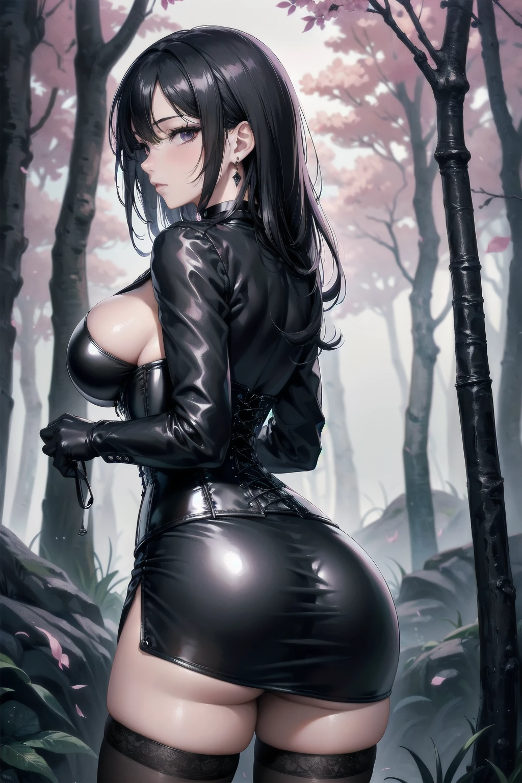 Masterpiece, Superior image quality, high resolution, 4k image,photo and gross, photorealistic, whole body, distant view, ung man of 15 years, view from behind, {{{vagina}}}, big breasts, beautiful face, long black hair, black eyes, very detailed eyes, pink cheeks, shy expression, choker:1.6, (white collar button down long sleeve shirt), black gloves, gloves that cover hands, (black leather corset), (shiny black miniskirt), Sensual Lips, show details in the eyes, view from behind, perfect ass, looking at the viewer, dark forest path, evening, Atmosphere, fog