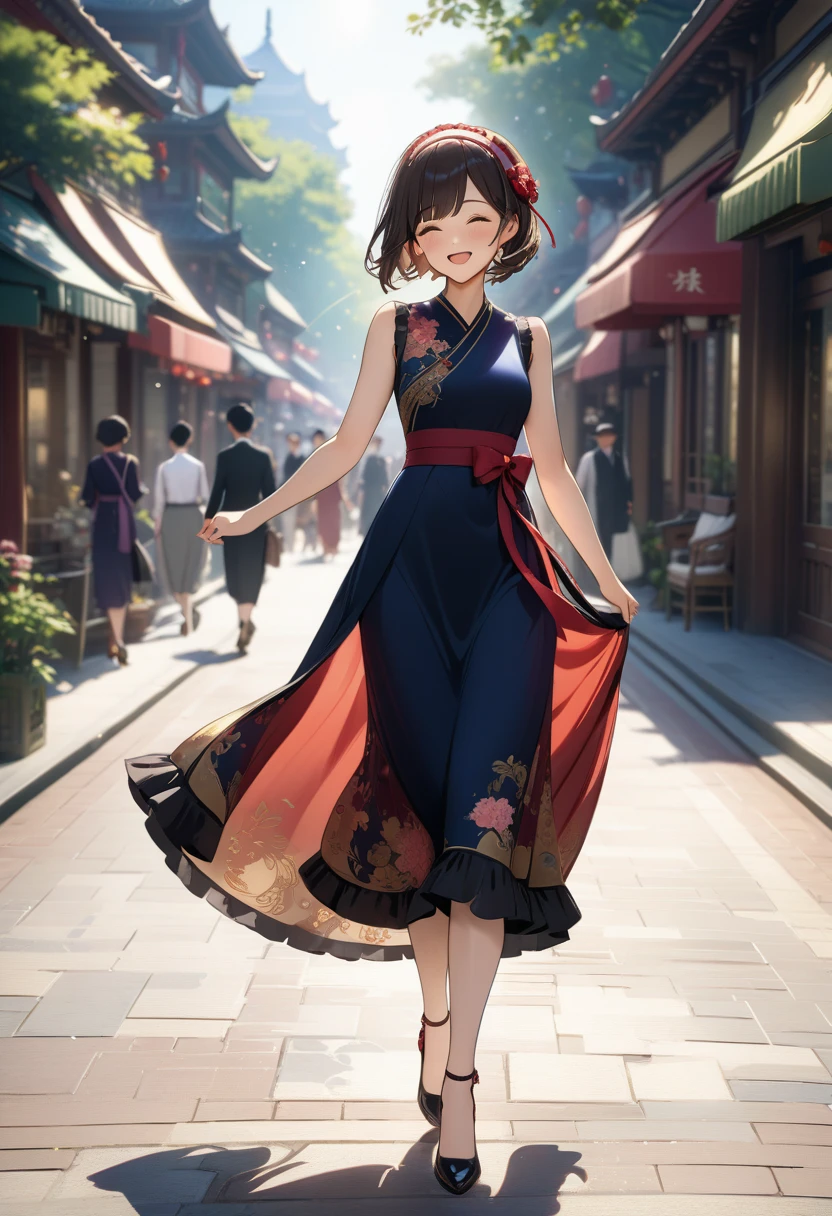 summer,cute 1girl,happy,walking in 1920's Shanghai,fashionable,Chinoiserie long Dress,black Midi Frill Petticoat,Ribbon Bijoux hairband,Jacquard Separate Pumps,lens flare,blurry,(depth of field:1.1),sunlight rays,masterpiece,best quality,