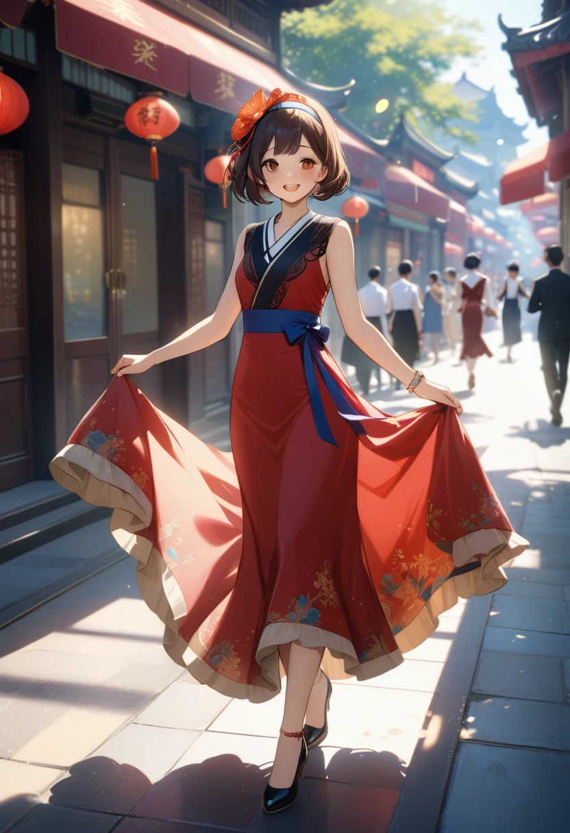 summer,cute 1girl,happy,walking in 1920's Shanghai,fashionable,Chinoiserie long Dress,black Midi Frill Petticoat,Ribbon Bijoux hairband,Jacquard Separate Pumps,lens flare,blurry,(depth of field:1.1),sunlight rays,masterpiece,best quality,