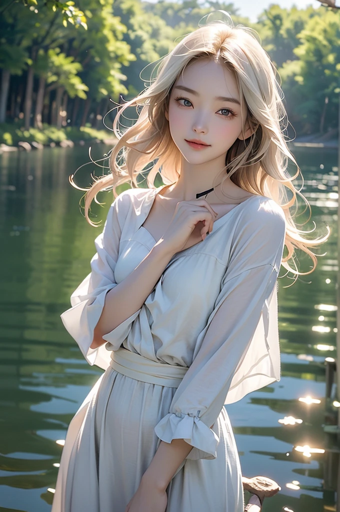 best quality, masterpiece, 超high resolution, (photoPractical:1.4), RAW photos, (RAW photos, best quality), (Practical, photo-Practical:1.3), Extremely refined, Astonishing, Fine details, masterpiece, Extremely detailed, high resolution,Best Illustration, Best shadow,complex,Depth of Field, Clear focus, Volumetric Fog, 8K Ultra HD, Digital SLR Camera, high quality,( Film Grain:1.4),
1 girl, White skin, Long curly hair, Detailed beautiful big eyes, Exquisite features, Function Details, (Small Breasts:1.2), Future Fashion Cool Clothing, Perfect body,
Beautiful Lights, (rainbow_one:1.2), whole body, (Looking at the audience:1.2)
one名身着浅色连衣裙的女孩站在清澈见底的湖水中. She smiled, Her hands glided gently in the water, Stir up ripples,Flickering broken reflections in the sun.
Girl with bright eyes,Long hair draped over shoulders and on the lake, Blown by the breeze,Gently brush her cheek.
黄金时刻让one切温馨浪漫美丽女人, Prime Time, Edge lighting, warm tones, Solar flares, Soft shadows, Vibrant colors, Hazy light, Effect, Dreamy atmosphere