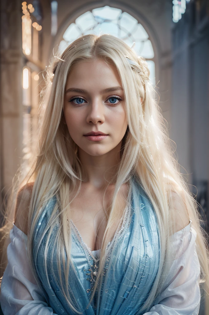 a with long golden hair, sparkling blue eyes in a light blue nightgown.
she is holding hands with a fairy with transparent fairy wings, blonde hair and pink dress