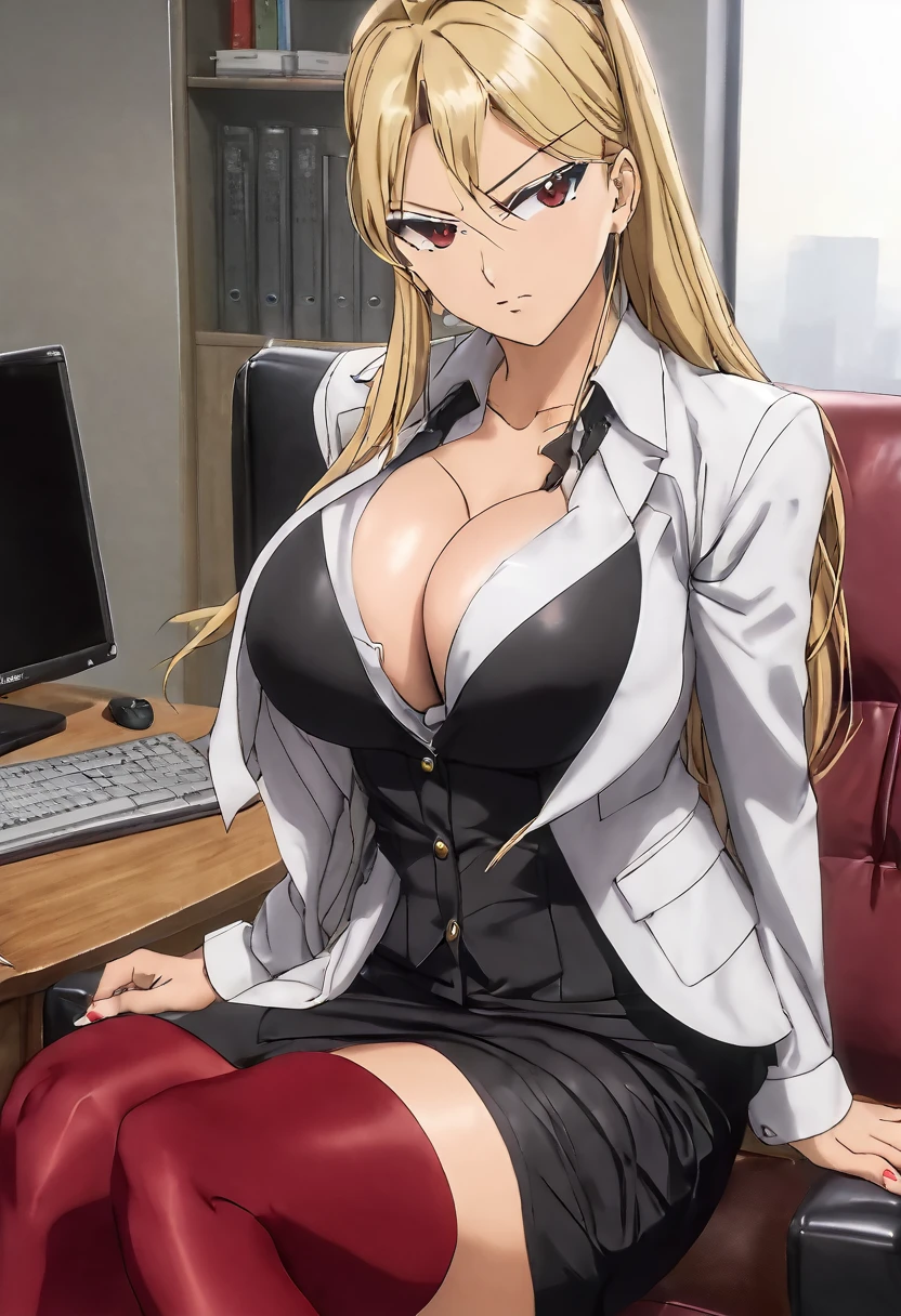 (((1girl))), Reika Kurashiki from Saimin Seishidou, blonde hair, angry expression, siting on couch, in personal office, sunset lightning, ((extremely big breasts, extremely wide hips, extremely big ass)), (dark red high heels with black pantyhose, dark red pencil skirt, white office shirt with red office jacket on top),