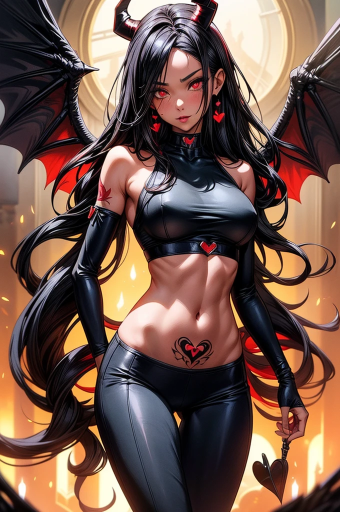 masterpiece, super detailed, high resolution, precision art, highly seductive anime girl. sexy and alluring, flawless red demonic skin, succubus, symmetrical face, beautiful olive eyes, flowing black hair, her very presence oozes seduction and allure, S-shaped body, black onyx colored horns jutting out her forehead, heart shaped tail protruding from her back, sexy and arousing slim body with enticing breasts, intricate and beautiful heart shaped tattoo engraved on her stomach, wearing crop-top and form-fitting leggings that accentuate her round ass, hip-level shot