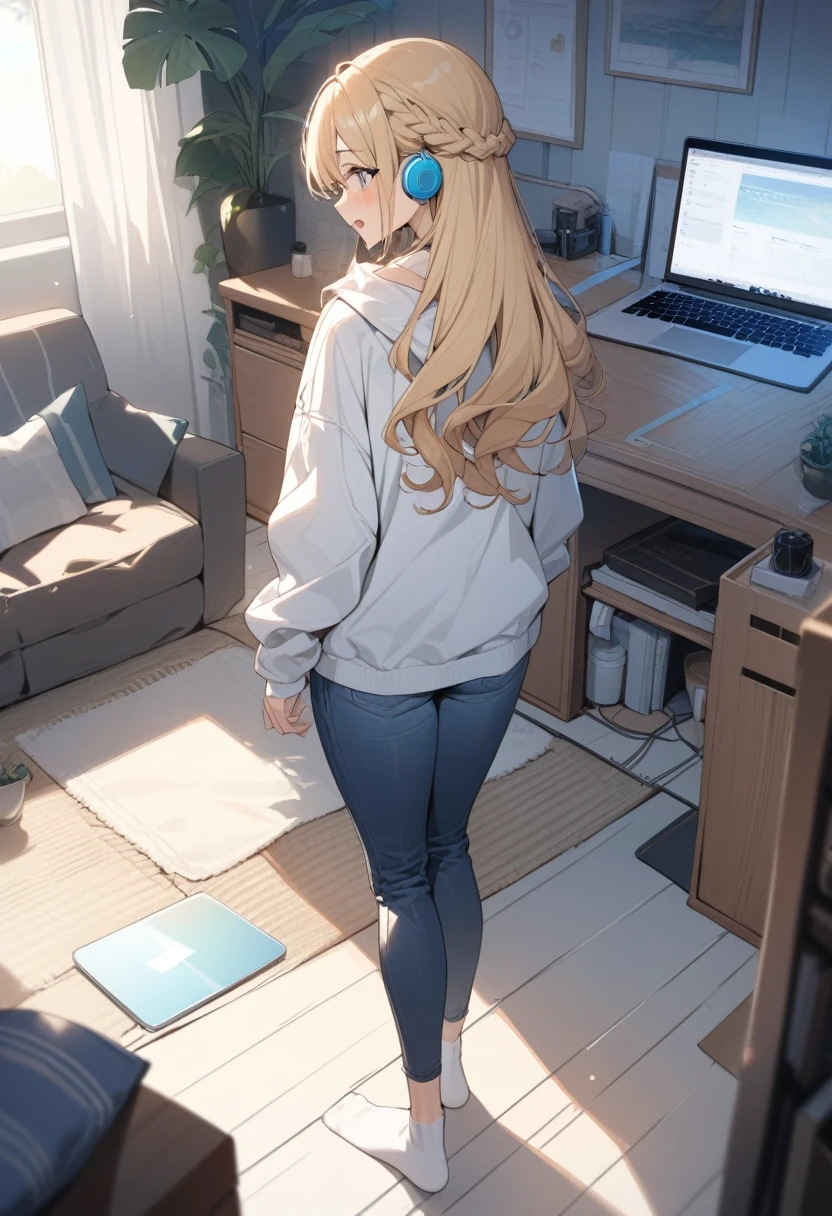 masterpiece, best quality, extremely detailed, ultra detailed, flat anime, 2D,
1girl, (young adult:1.2),blonde hair, (semi-long hair:1.2), curly hair, french braid, medium breasts, tsurime, height 1.7meters, 
white hooded sweatshirt, jeans,  earring,bracelet, long sleeves, ((Bluetooth small earphone)),socks,
Back view of a laptop computer,Operating a laptop computer,
from behind, full body, ((looking back from right side)), open mouth, looking at another,
summer, livingroom, 12AM., standing