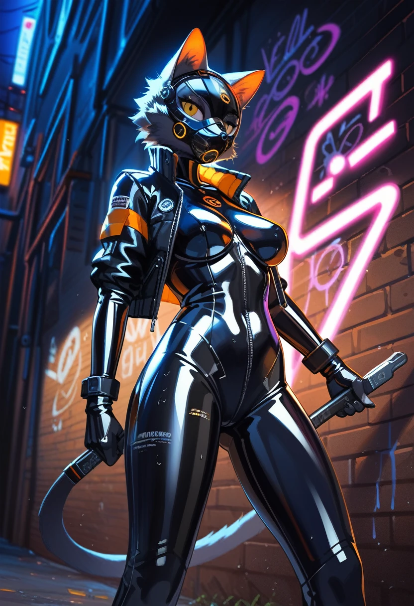 animation, Highest quality, Highest quality, High quality illustrations, masterpiece, Ultra-high resolution, Detailed Background, Alley, night, Graffiti art on the wall, Absurd, Perfect Anatomy, performance, Good lighting, Shadows in the movies(kemono, Furry PersonifiCation), Cat, woman, Black Skin, Rubber suit, latex, neon, neonライト, neonカラー, Bodysuits, Cyber Suit, Mech Suit, Rubber Half Jacket, cyber punk, Blade Runner, Holding a blade, Rubber Mask